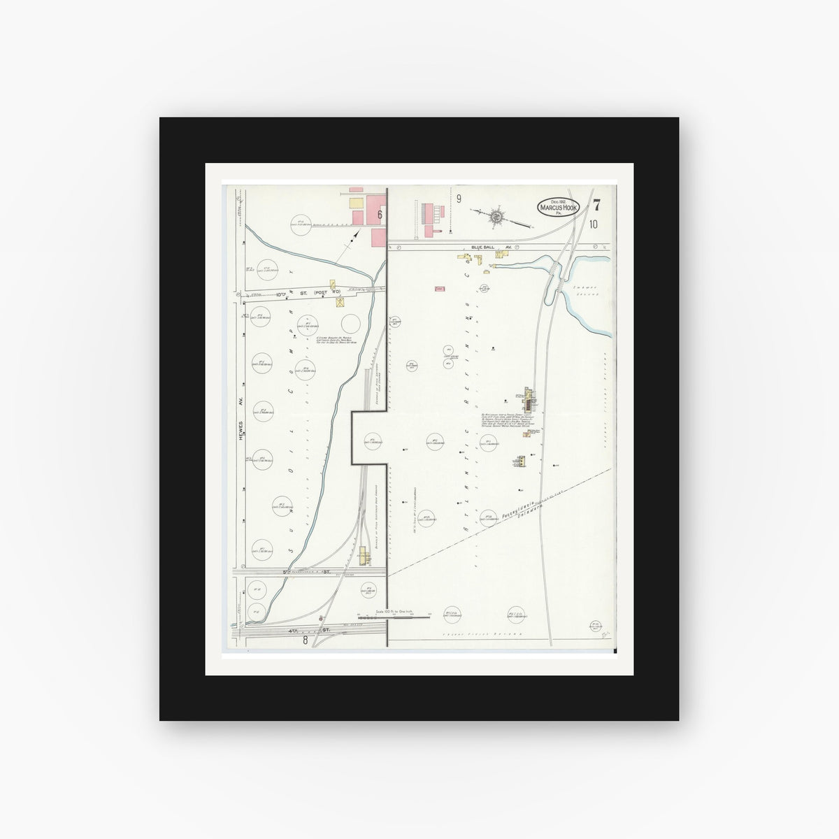 Old map wall art mockup — black gallery frame with white mat — Sanborn Fire Insurance Map from Marcus Hook, Chester County, Pennsylvania (1912), Sheet #0007