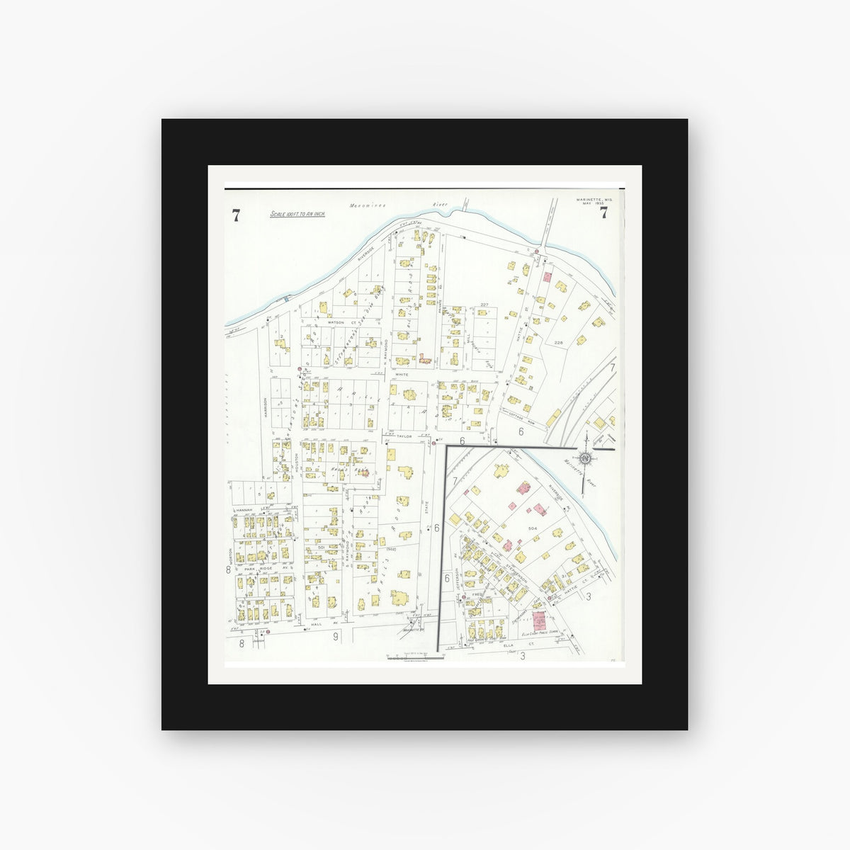 Old map wall art mockup — black gallery frame with white mat — Sanborn Fire Insurance Map from Marinette, Marinette County, Wisconsin (1935), Sheet #0007