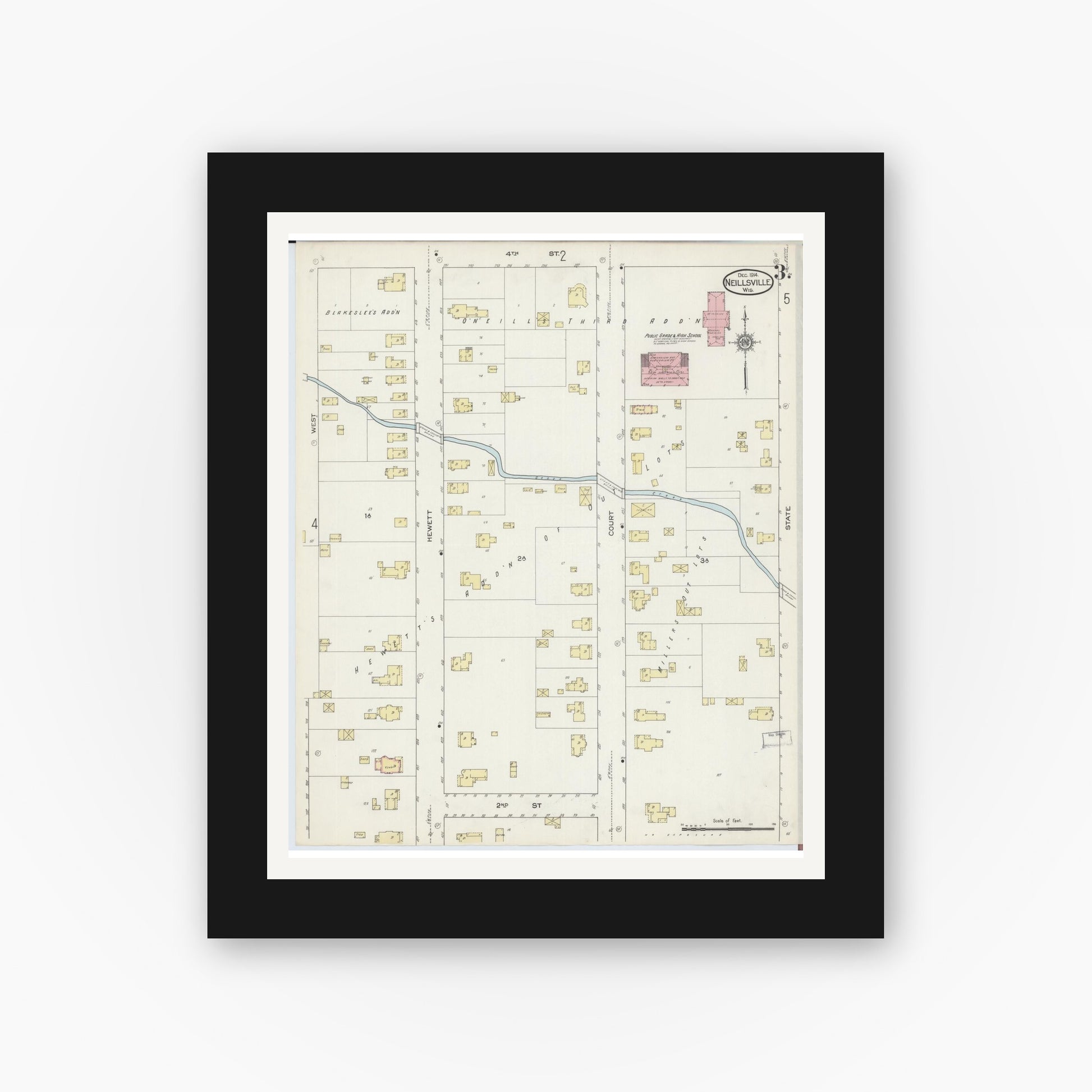 Old map wall art mockup — black gallery frame with white mat — Sanborn Fire Insurance Map from Neillsville, Clark County, Wisconsin (1914), Sheet #0003