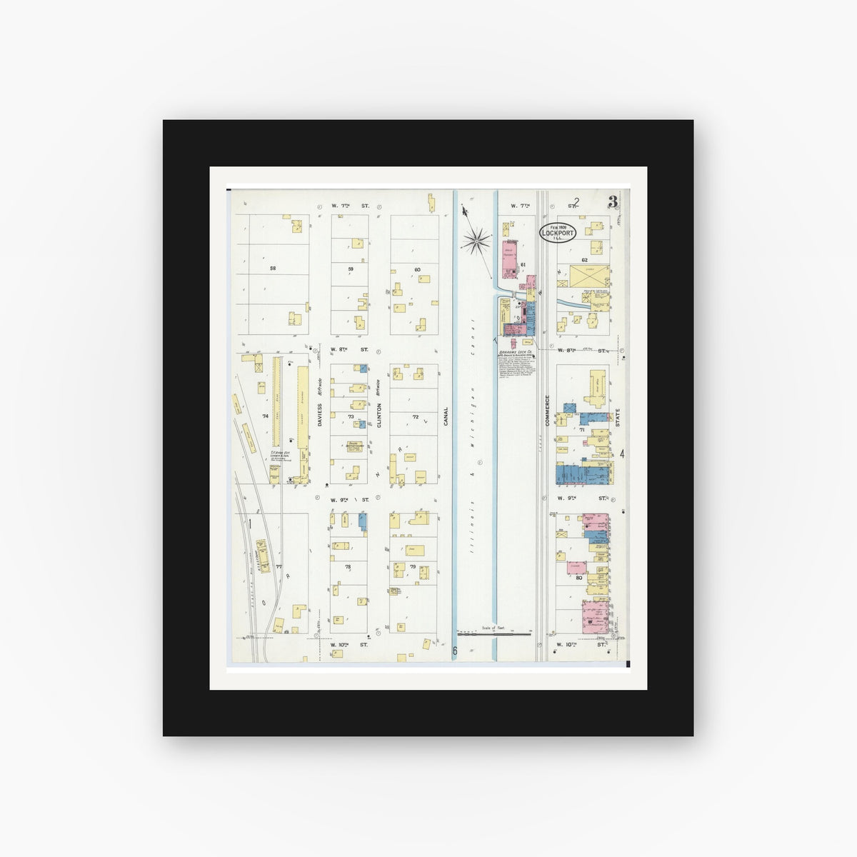 Old map wall art mockup — black gallery frame with white mat — Sanborn Fire Insurance Map from Lockport, Will County, Illinois (1909), Sheet #0003