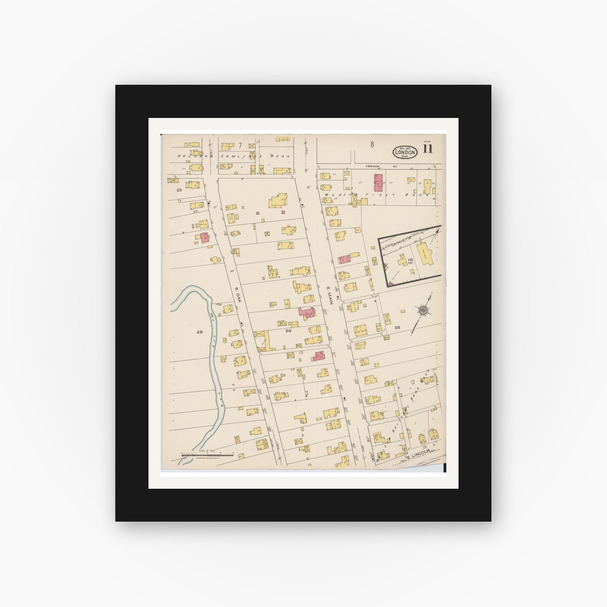 Old map wall art mockup — black gallery frame with white mat — Sanborn Fire Insurance Map from London, Madison County, Ohio (1921), Sheet #0011