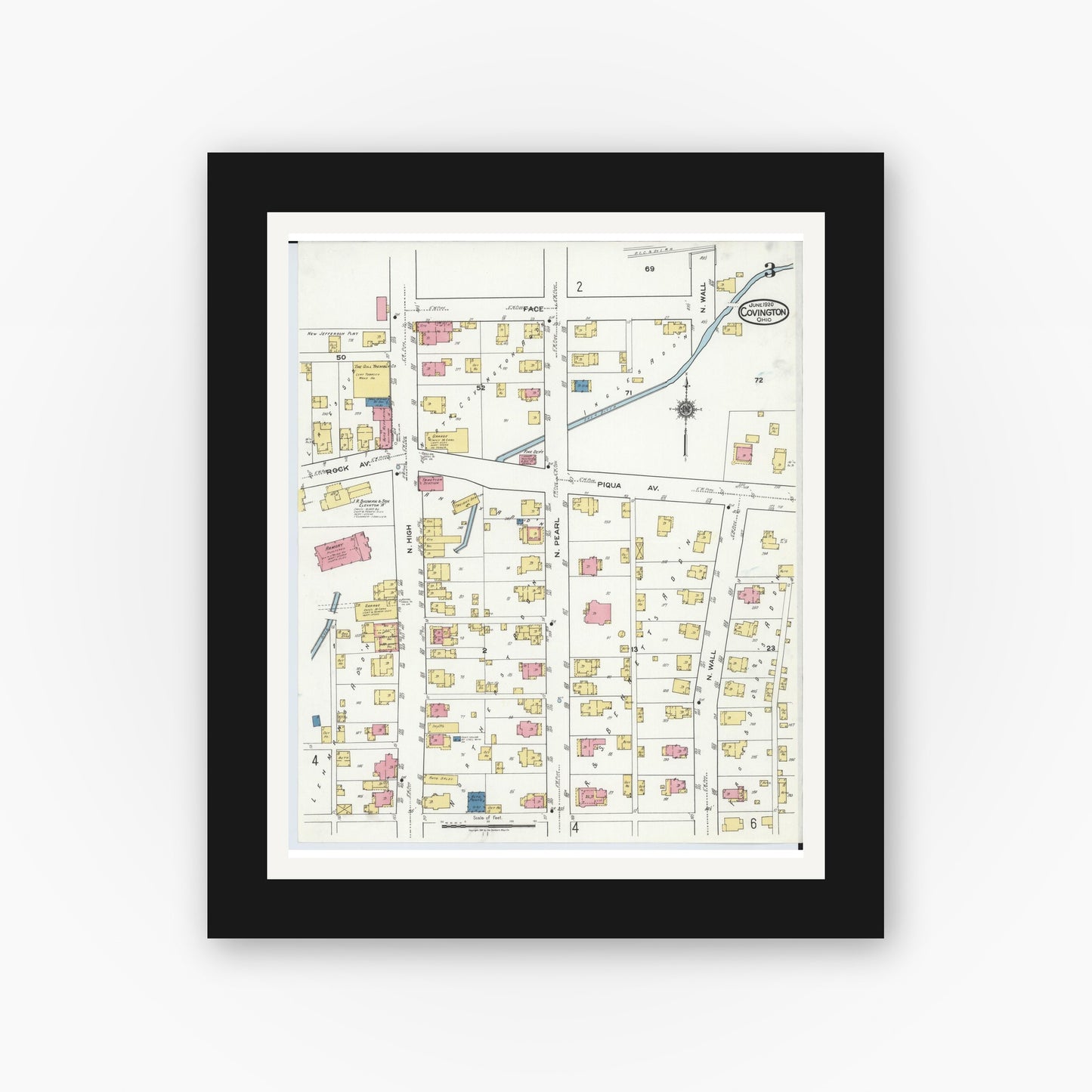 Old map wall art mockup — black gallery frame with white mat — Sanborn Fire Insurance Map from Covington, Miami County, Ohio (1920), Sheet #0003