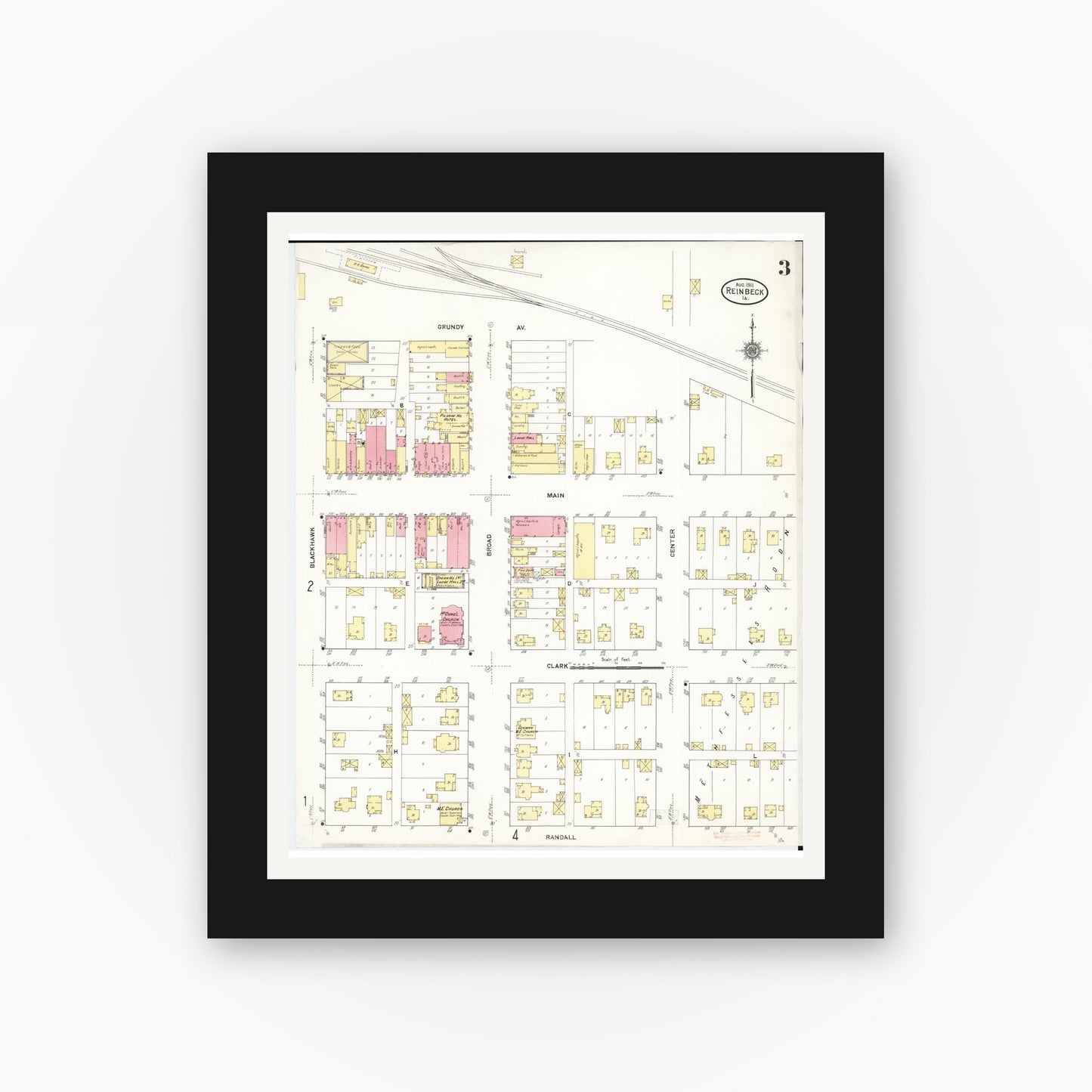 Old map wall art mockup — black gallery frame with white mat — Sanborn Fire Insurance Map from Reinbeck, Grundy County, Iowa (1911), Sheet #0003