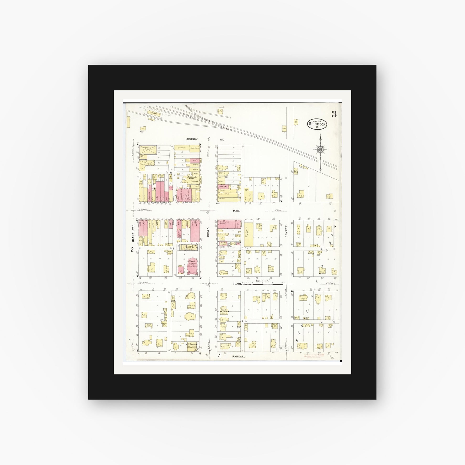 Old map wall art mockup — black gallery frame with white mat — Sanborn Fire Insurance Map from Reinbeck, Grundy County, Iowa (1911), Sheet #0003