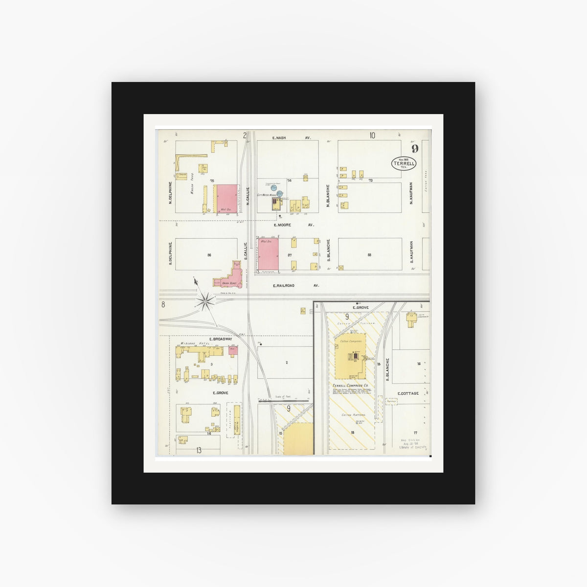 Old map wall art mockup — black gallery frame with white mat — Sanborn Fire Insurance Map from Terrell, Kaufman County, Texas (1902), Sheet #0009