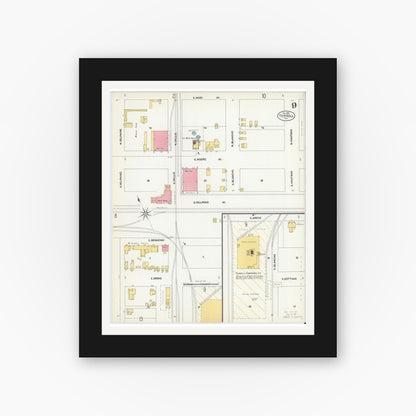 Old map wall art mockup — black gallery frame with white mat — Sanborn Fire Insurance Map from Terrell, Kaufman County, Texas (1902), Sheet #0009
