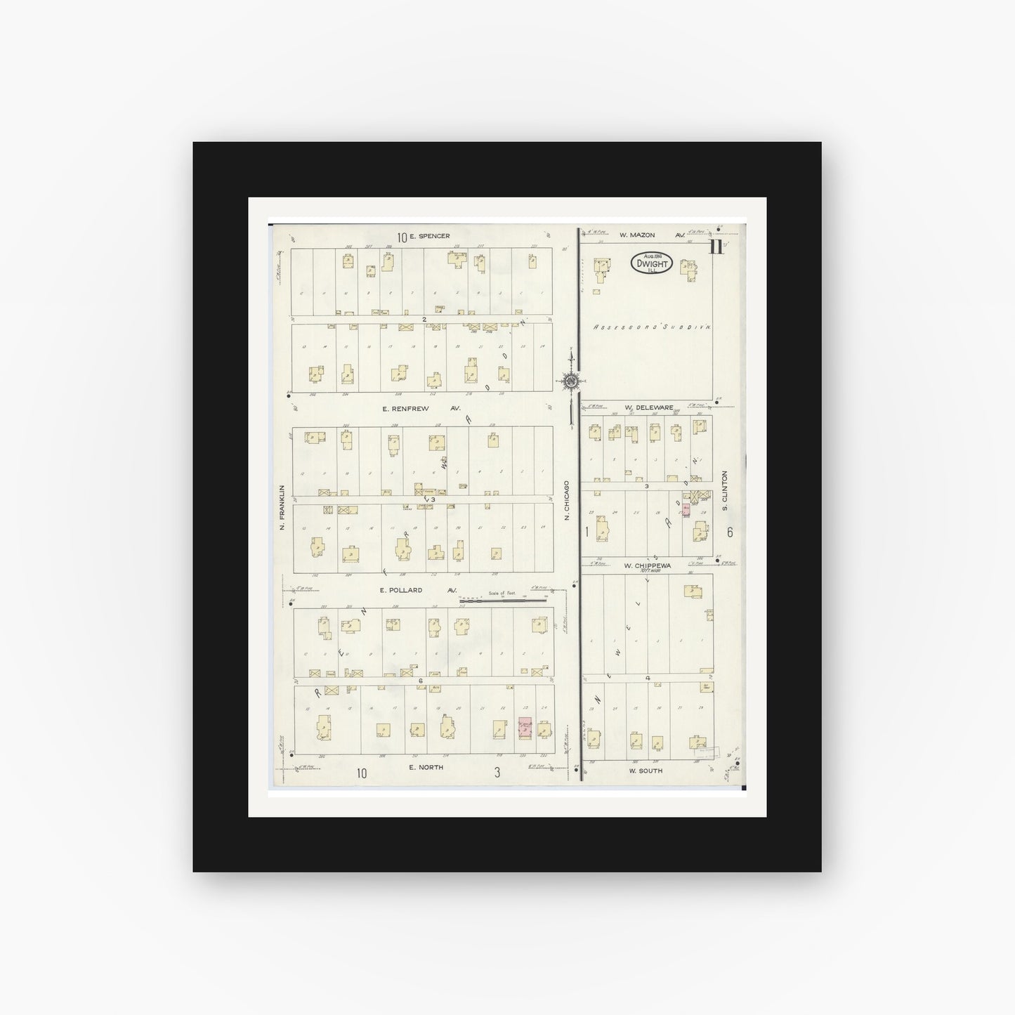 Old map wall art mockup — black gallery frame with white mat — Sanborn Fire Insurance Map from Dwight, Livingston County, Illinois (1914), Sheet #0011