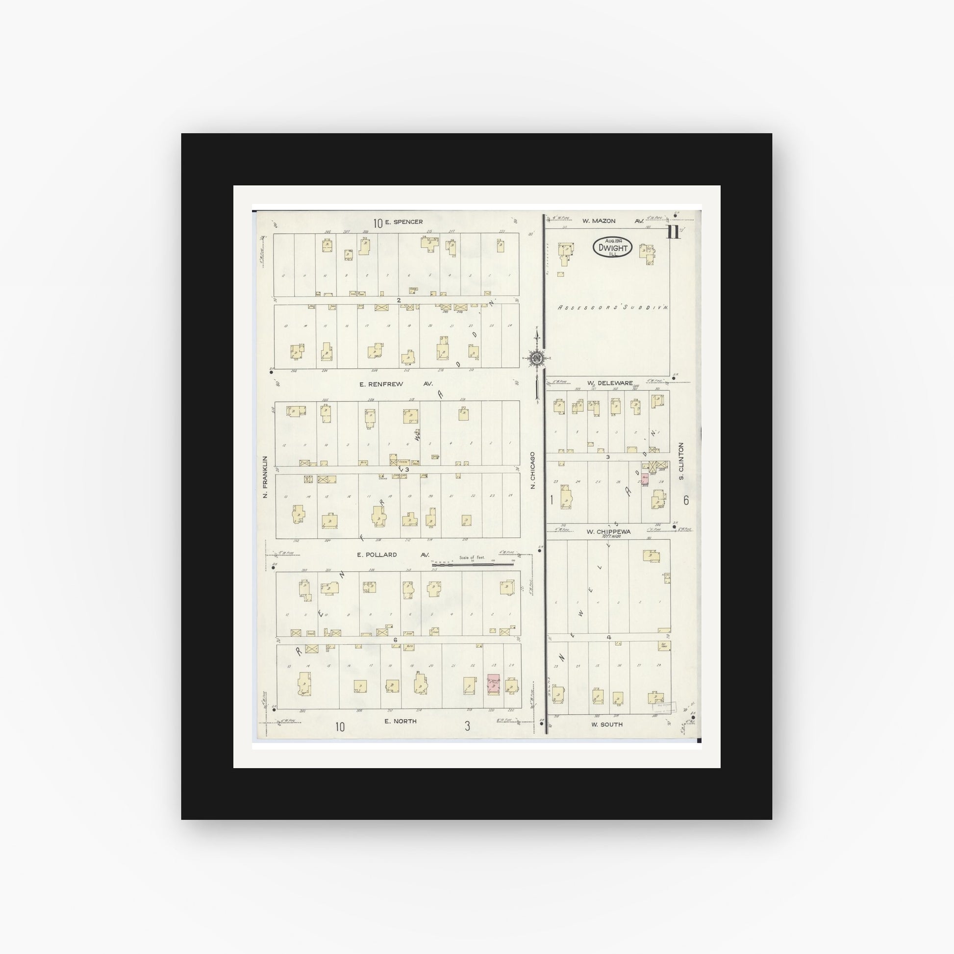 Old map wall art mockup — black gallery frame with white mat — Sanborn Fire Insurance Map from Dwight, Livingston County, Illinois (1914), Sheet #0011