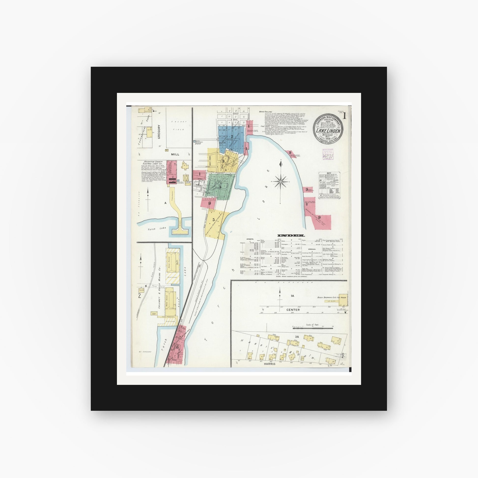 Old map wall art mockup — black gallery frame with white mat — Sanborn Fire Insurance Map from Lake Linden, Houghton County, Michigan (1908), Sheet #0001