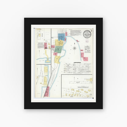 Old map wall art mockup — black gallery frame with white mat — Sanborn Fire Insurance Map from Lake Linden, Houghton County, Michigan (1908), Sheet #0001