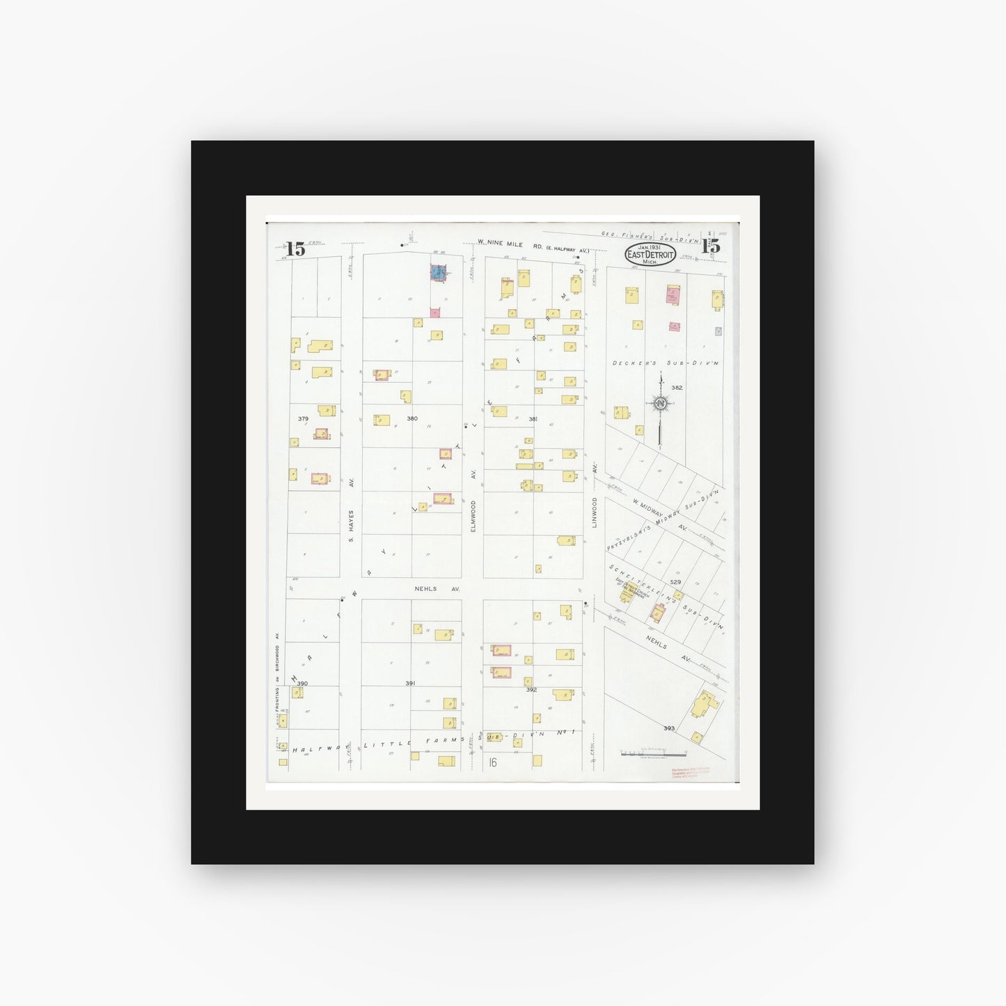 Old map wall art mockup — black gallery frame with white mat — Sanborn Fire Insurance Map from East Detroit, Macomb County, Michigan (1931), Sheet #0015