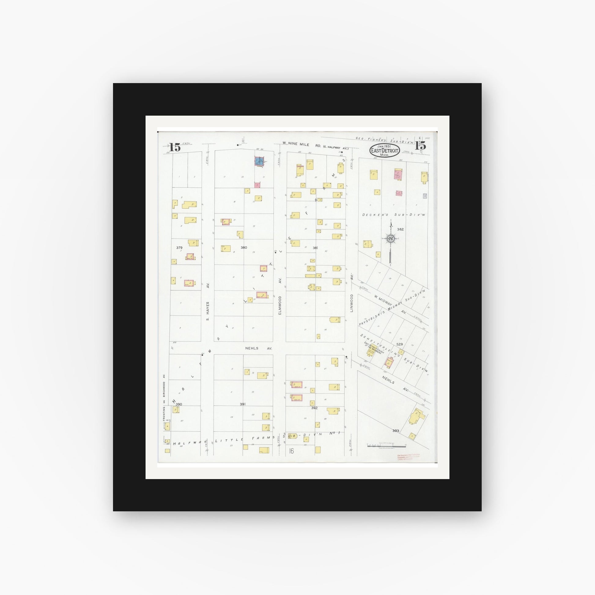 Old map wall art mockup — black gallery frame with white mat — Sanborn Fire Insurance Map from East Detroit, Macomb County, Michigan (1931), Sheet #0015