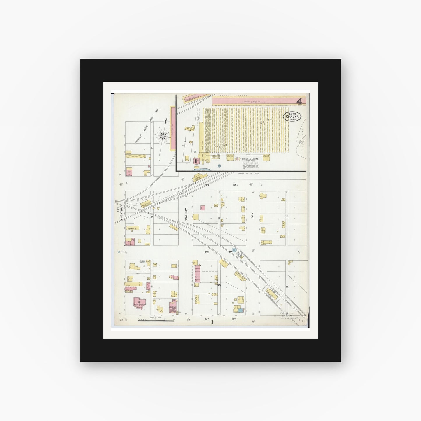 Old map wall art mockup — black gallery frame with white mat — Sanborn Fire Insurance Map from Chaska, Carver County, Minnesota (1899), Sheet #0004