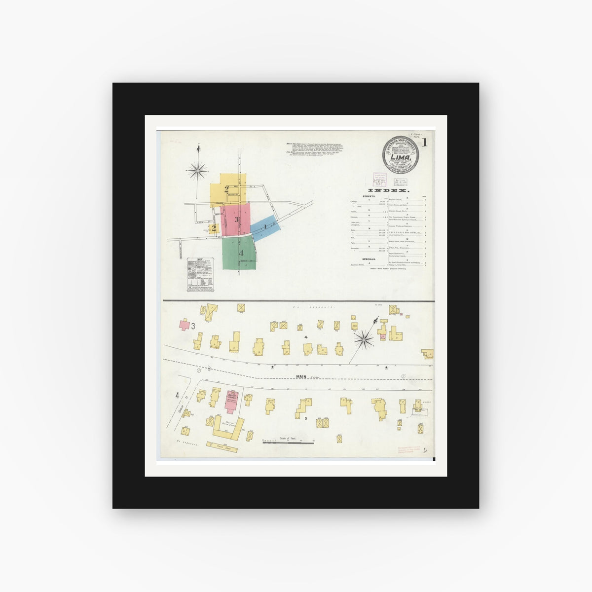 Old map wall art mockup — black gallery frame with white mat — Sanborn Fire Insurance Map from Lima, Livingston County, New York (1904) - Complete Map Set