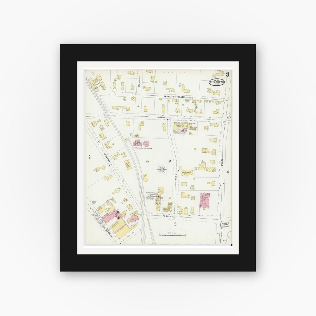 Old map wall art mockup — black gallery frame with white mat — Sanborn Fire Insurance Map from Stoughton, Norfolk County, Massachusetts (1896), Sheet #0003