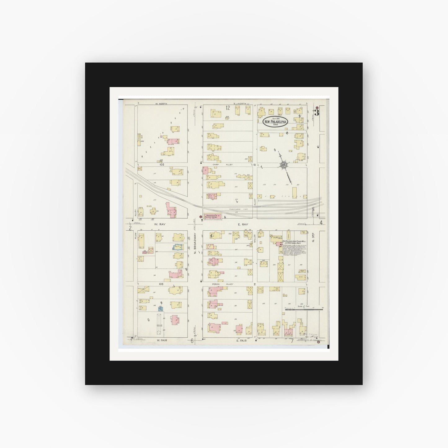 Old map wall art mockup — black gallery frame with white mat — Sanborn Fire Insurance Map from New Philadelphia, Tuscarawas County, Ohio (1914), Sheet #0003