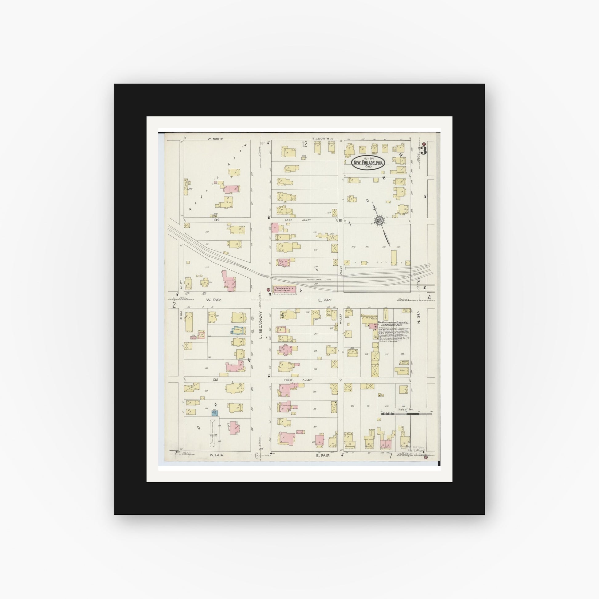 Old map wall art mockup — black gallery frame with white mat — Sanborn Fire Insurance Map from New Philadelphia, Tuscarawas County, Ohio (1914), Sheet #0003