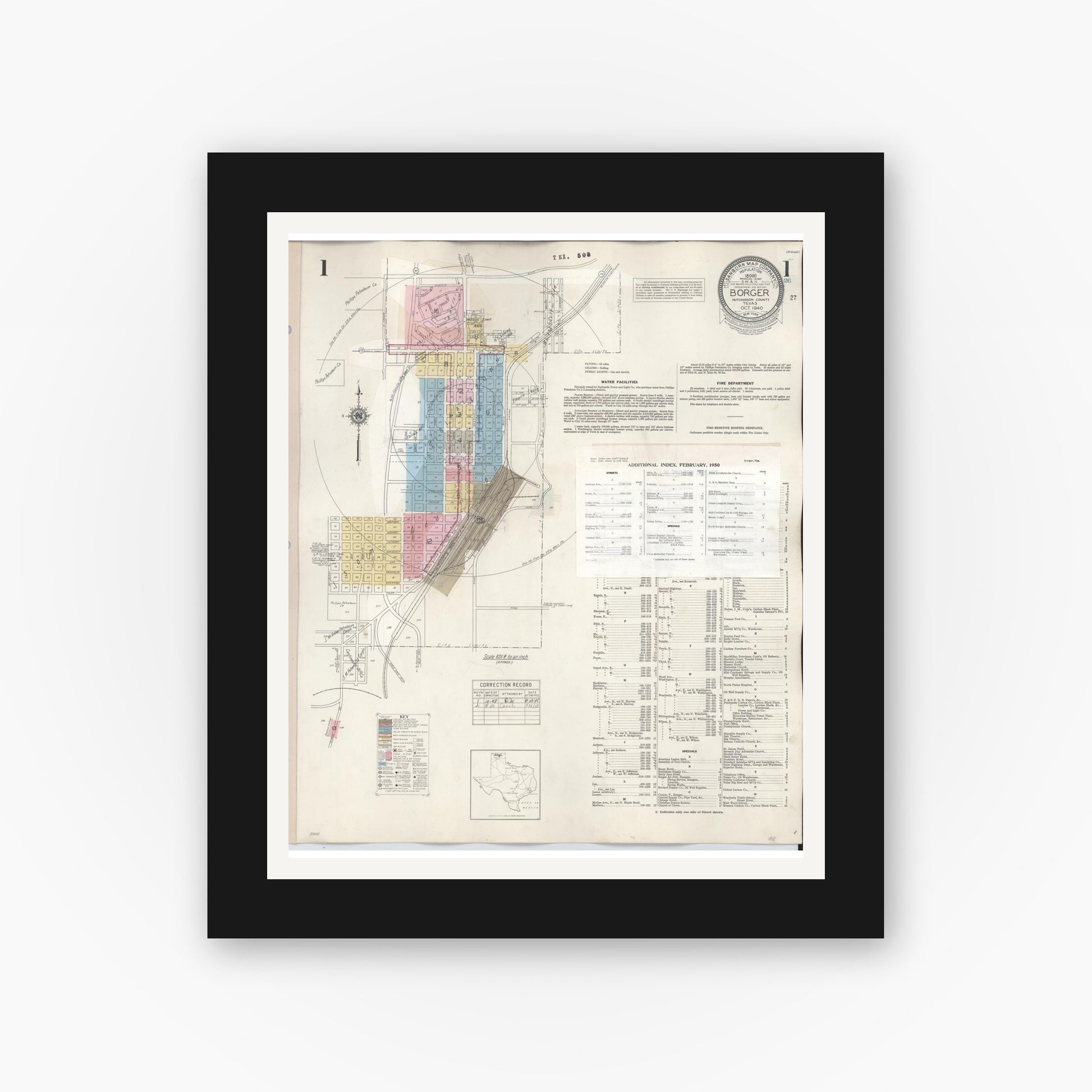 Old map wall art mockup — black gallery frame with white mat — Sanborn Fire Insurance Map from Borger, Hutchinson County, Texas (1950), Sheet #0001