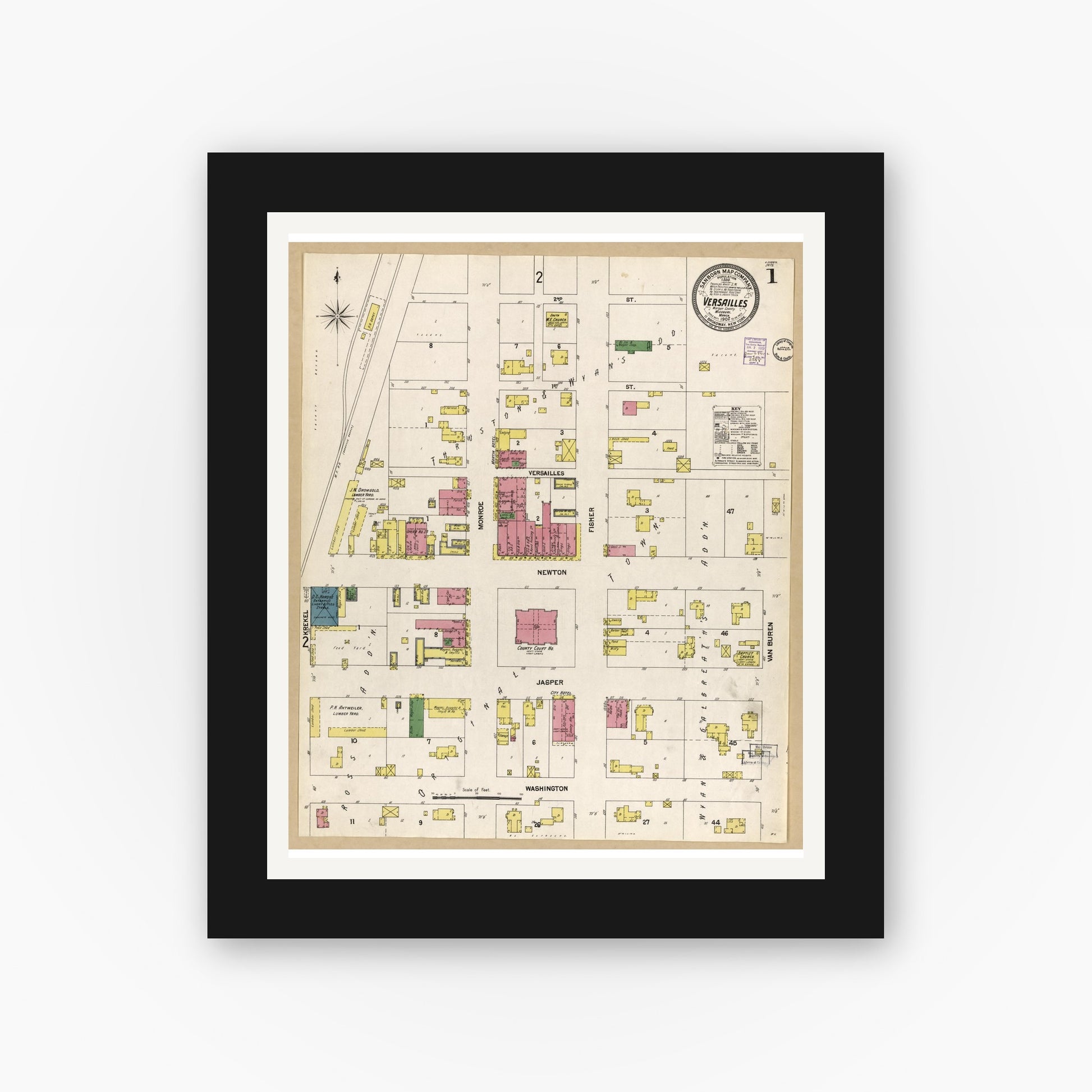 Old map wall art mockup — black gallery frame with white mat — Sanborn Fire Insurance Map from Versailles, Morgan County, Missouri (1902), Sheet #0001