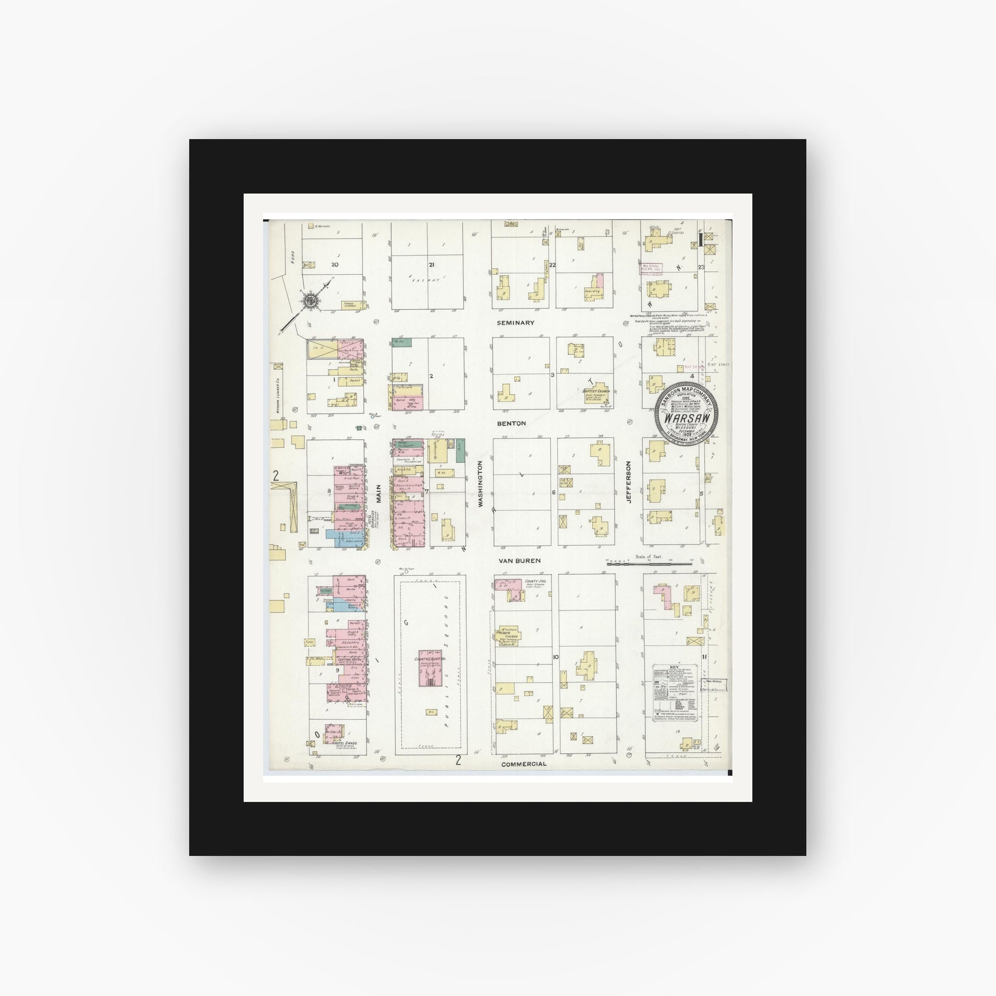 Old map wall art mockup — black gallery frame with white mat — Sanborn Fire Insurance Map from Warsaw, Benton County, Missouri (1909), Sheet #0001