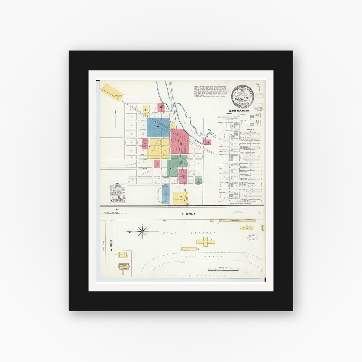 Old map wall art mockup — black gallery frame with white mat — Sanborn Fire Insurance Map from Reed City, Osceola County, Michigan (1908), Sheet #0001