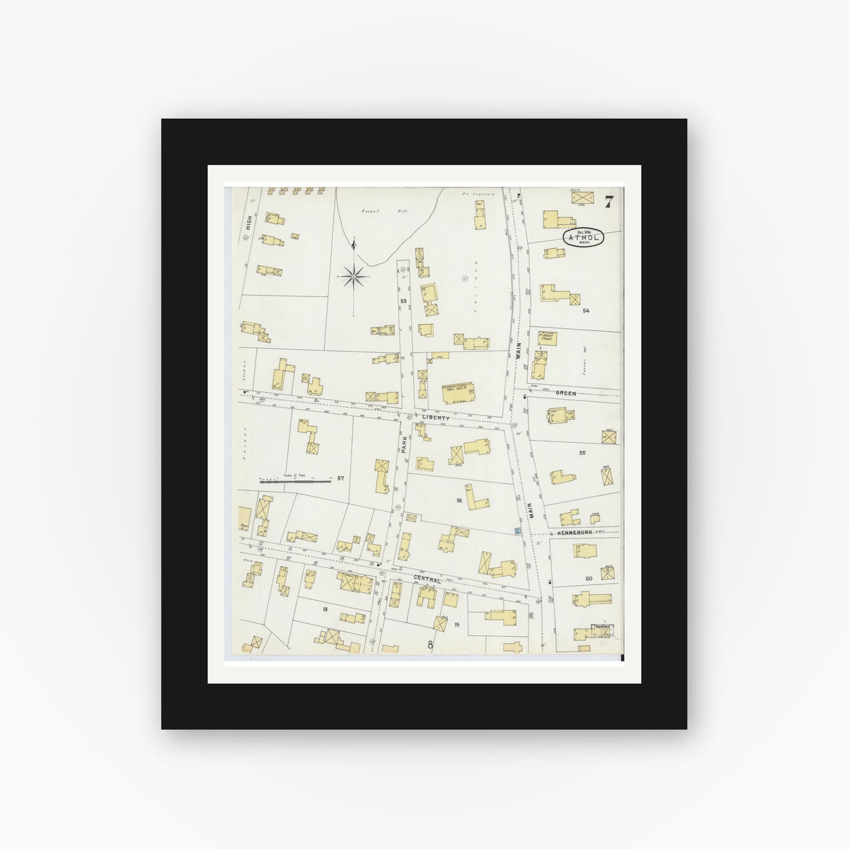 Old map wall art mockup — black gallery frame with white mat — Sanborn Fire Insurance Map from Athol, Worcester County, Massachusetts (1896), Sheet #0007