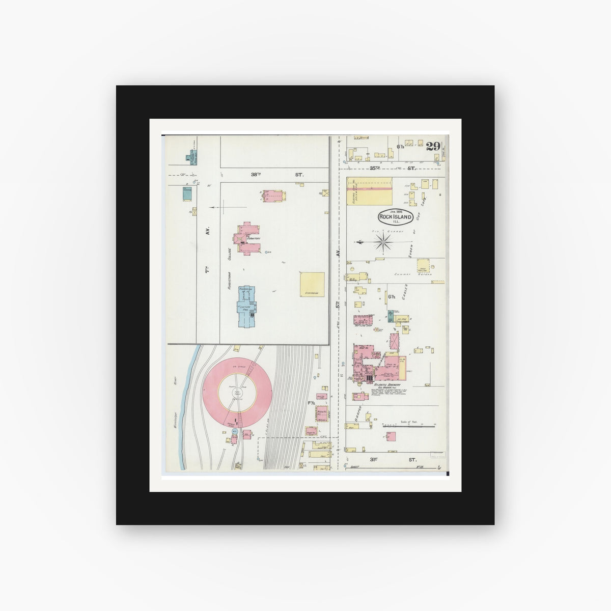 Old map wall art mockup — black gallery frame with white mat — Sanborn Fire Insurance Map from Rock Island, Rock Island County, Illinois (1892), Sheet #0029