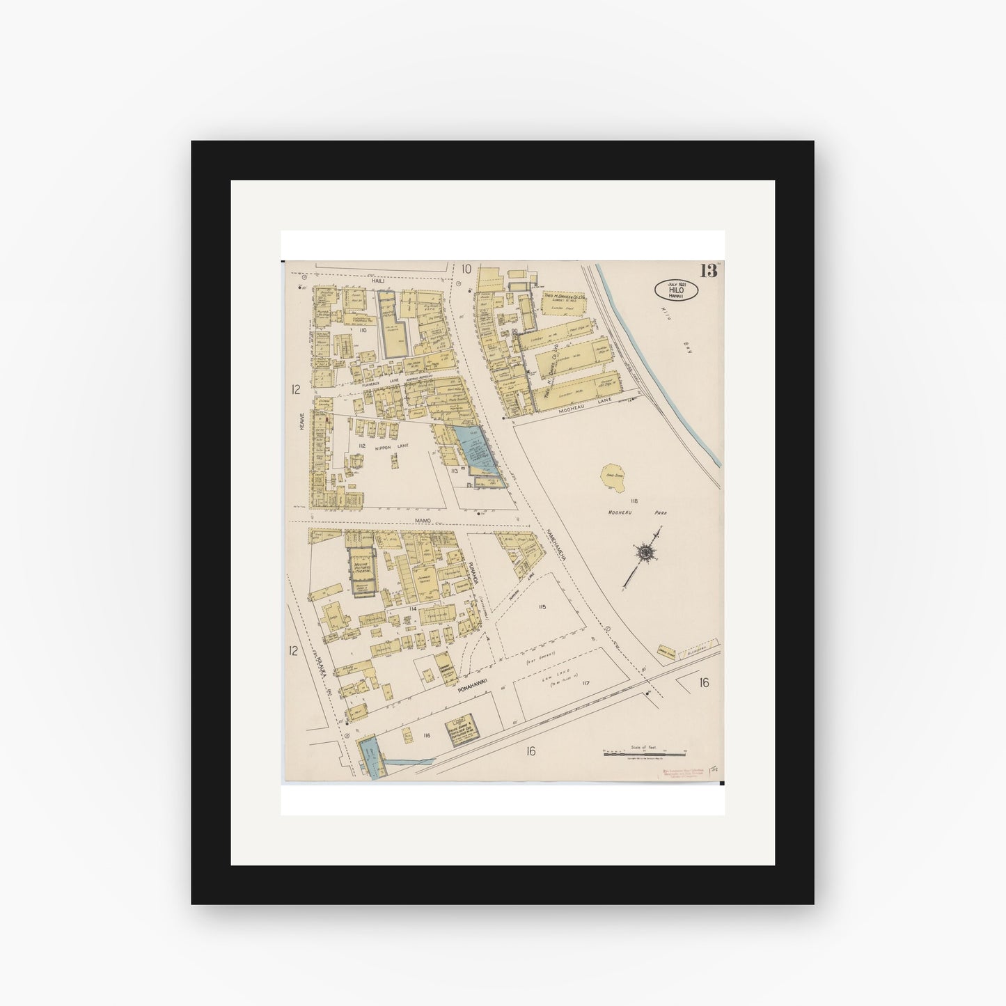 Old map wall art mockup — black gallery frame with white mat — Sanborn Fire Insurance Map from Hilo, Hawaii County, Hawaii (1921), Sheet #0013