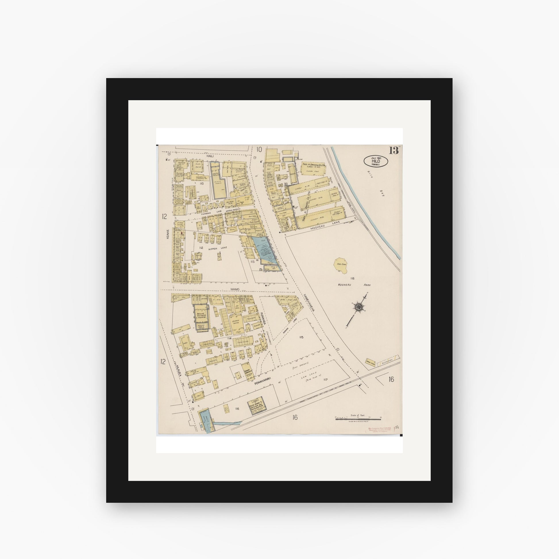 Old map wall art mockup — black gallery frame with white mat — Sanborn Fire Insurance Map from Hilo, Hawaii County, Hawaii (1921), Sheet #0013