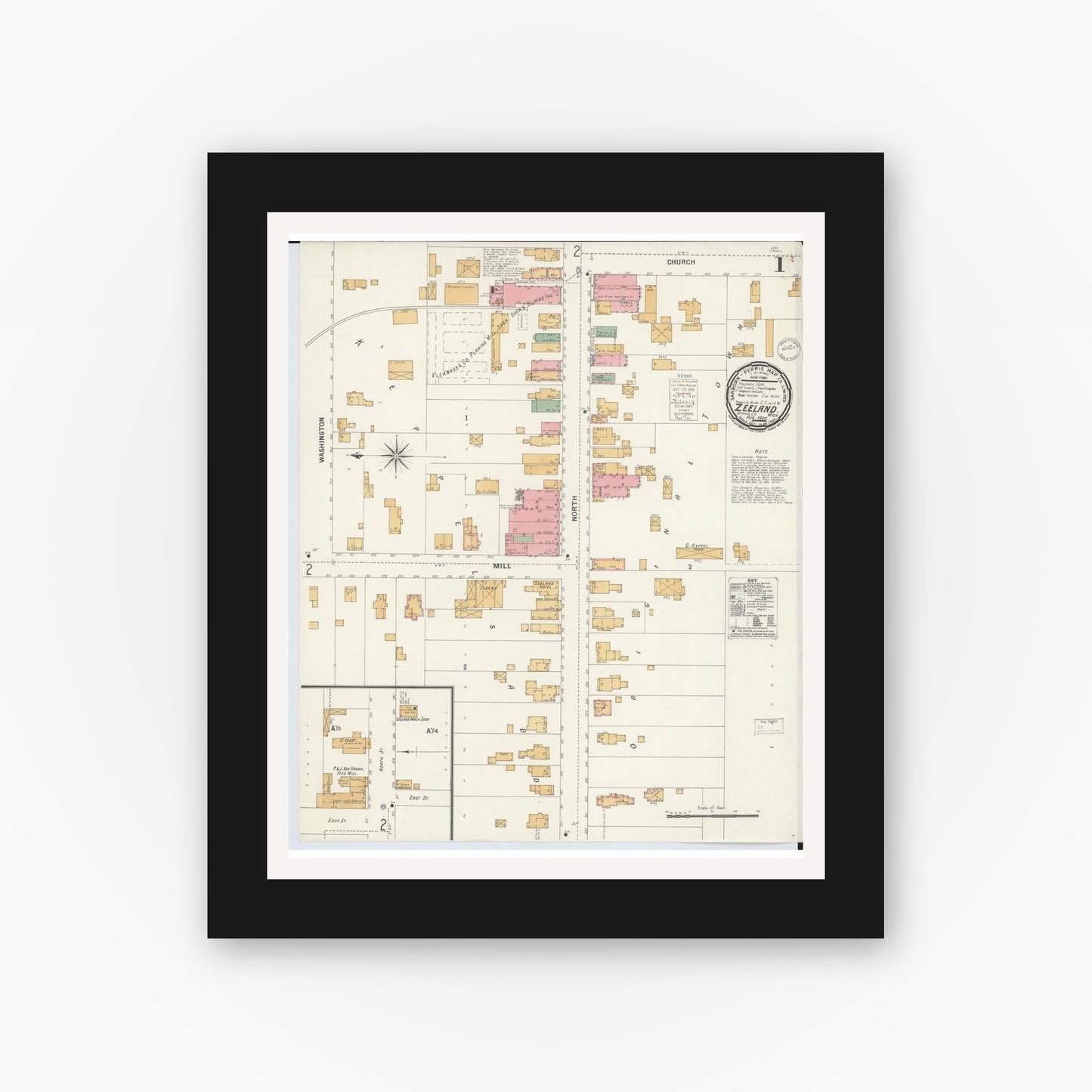 Old map wall art mockup — black gallery frame with white mat — Sanborn Fire Insurance Map from Zeeland, Ottawa County, Michigan (1900), Sheet #0001