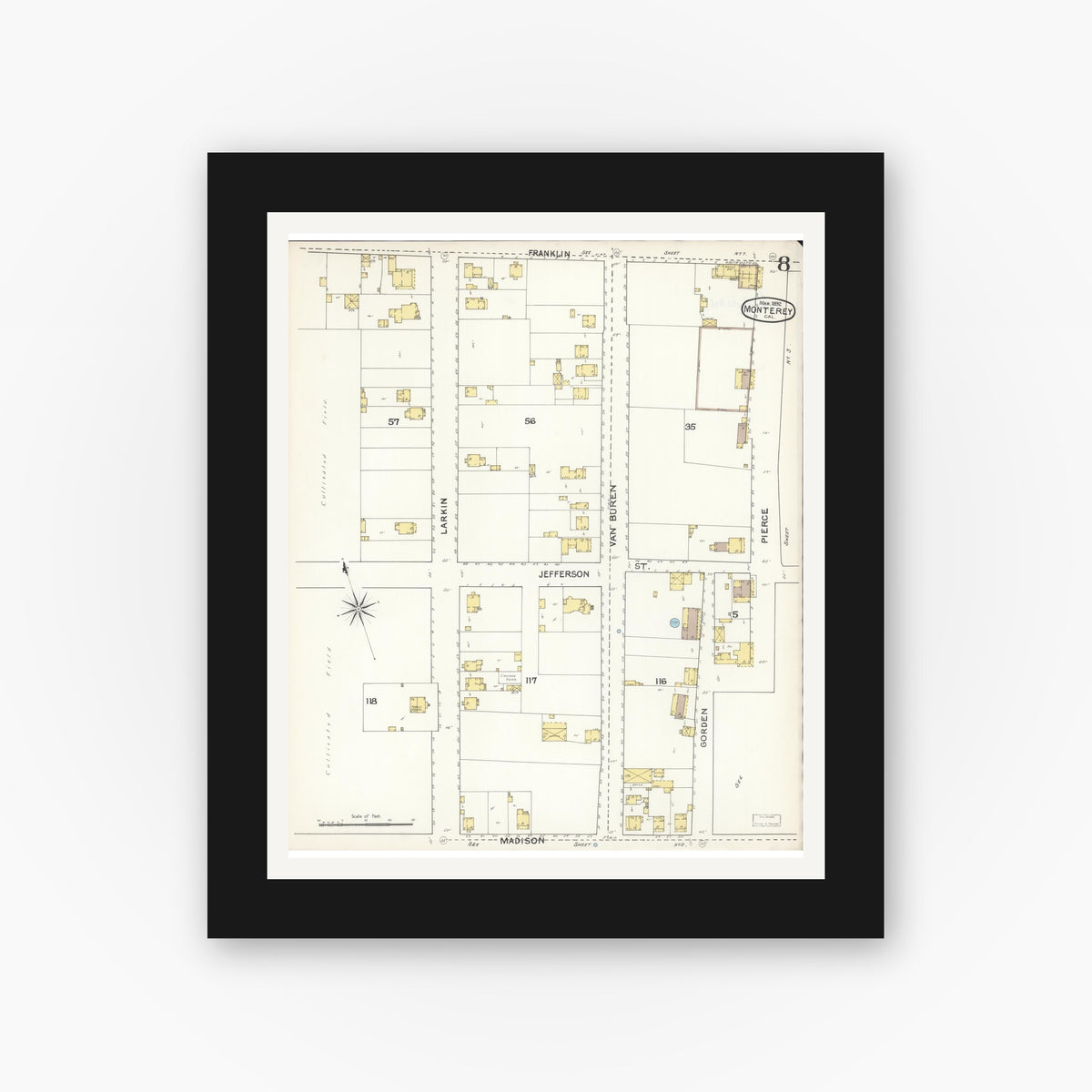 Old map wall art mockup — black gallery frame with white mat — Sanborn Fire Insurance Map from Monterey, Monterey County, California (1892), Sheet #0008