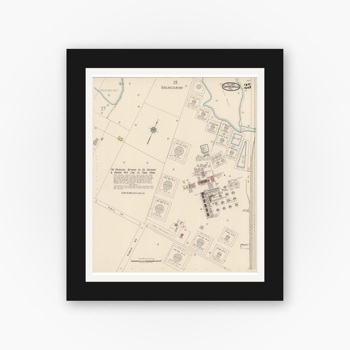 Old map wall art mockup — black gallery frame with white mat — Sanborn Fire Insurance Map from Gainesville, Cooke County, Texas (1922), Sheet #0025