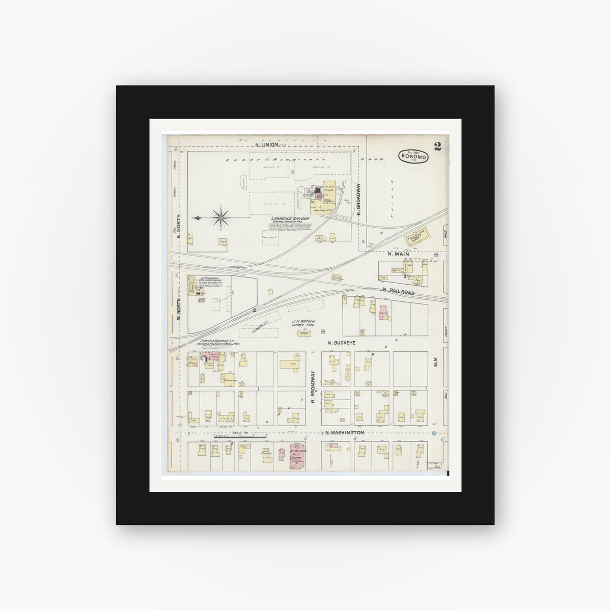 Old map wall art mockup — black gallery frame with white mat — Sanborn Fire Insurance Map from Kokomo, Howard County, Indiana (1889), Sheet #0002