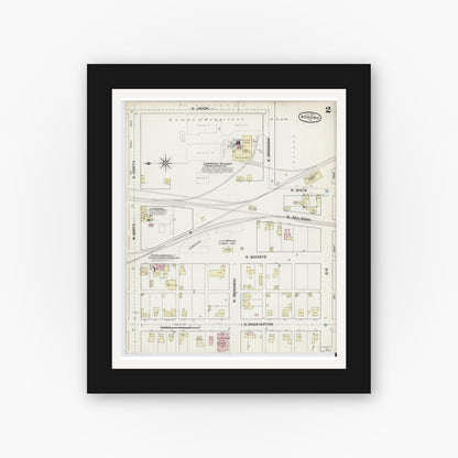 Old map wall art mockup — black gallery frame with white mat — Sanborn Fire Insurance Map from Kokomo, Howard County, Indiana (1889), Sheet #0002