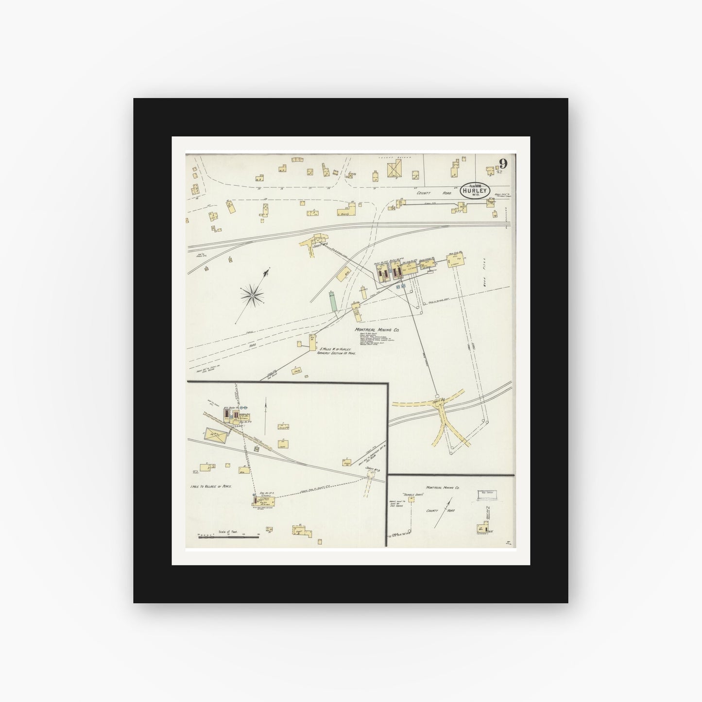 Old map wall art mockup — black gallery frame with white mat — Sanborn Fire Insurance Map from Hurley, Iron County, Wisconsin (1898), Sheet #0009
