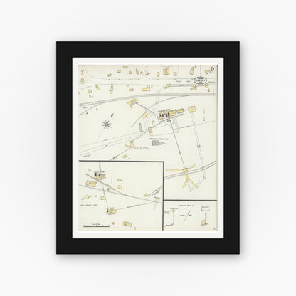 Old map wall art mockup — black gallery frame with white mat — Sanborn Fire Insurance Map from Hurley, Iron County, Wisconsin (1898), Sheet #0009