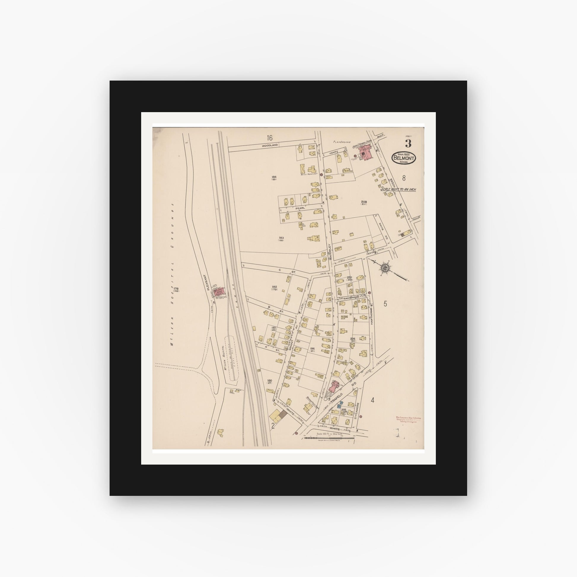 Old map wall art mockup — black gallery frame with white mat — Sanborn Fire Insurance Map from Belmont, Middlesex County, Massachusetts (1922), Sheet #0003