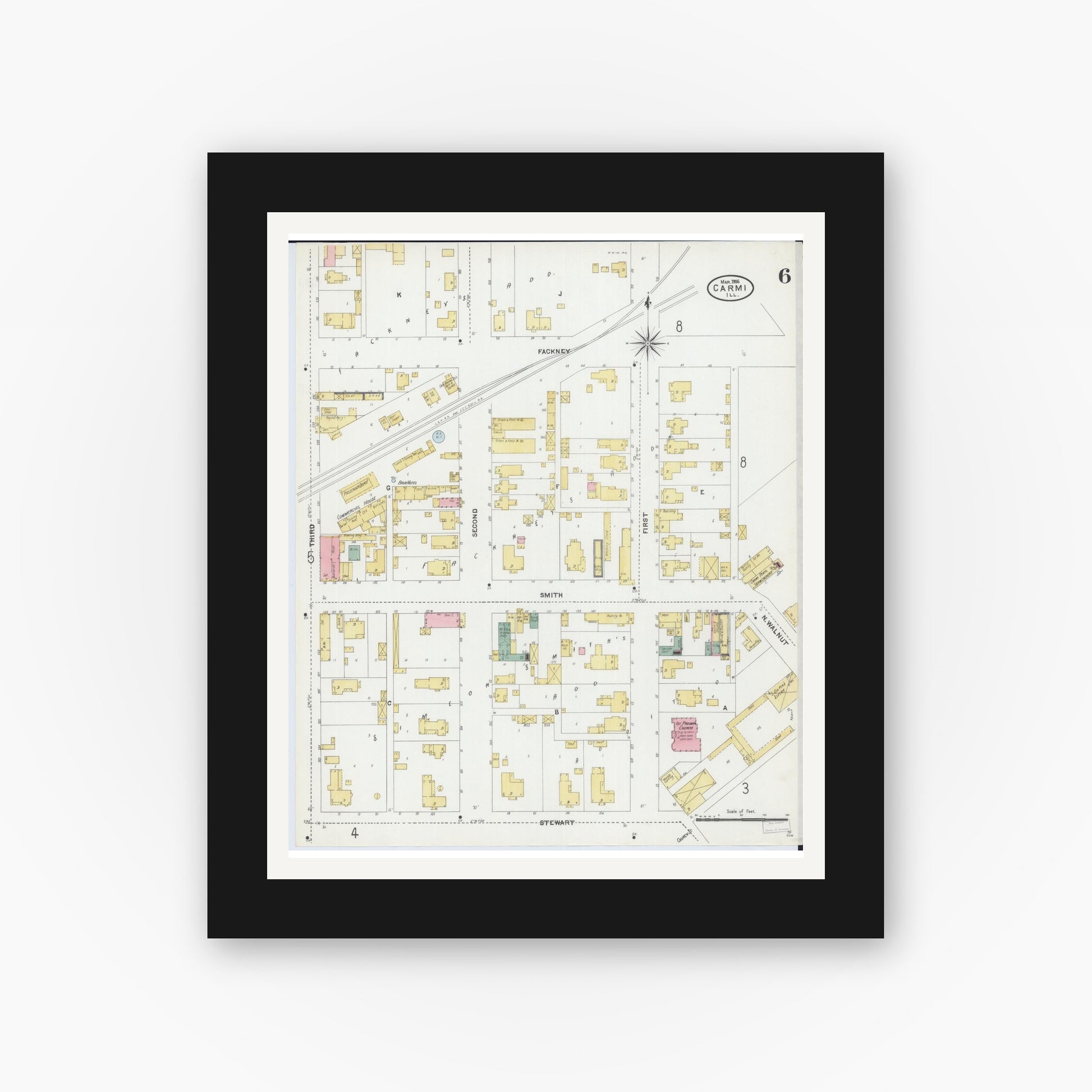 Old map wall art mockup — black gallery frame with white mat — Sanborn Fire Insurance Map from Carmi, White County, Illinois (1906), Sheet #0006