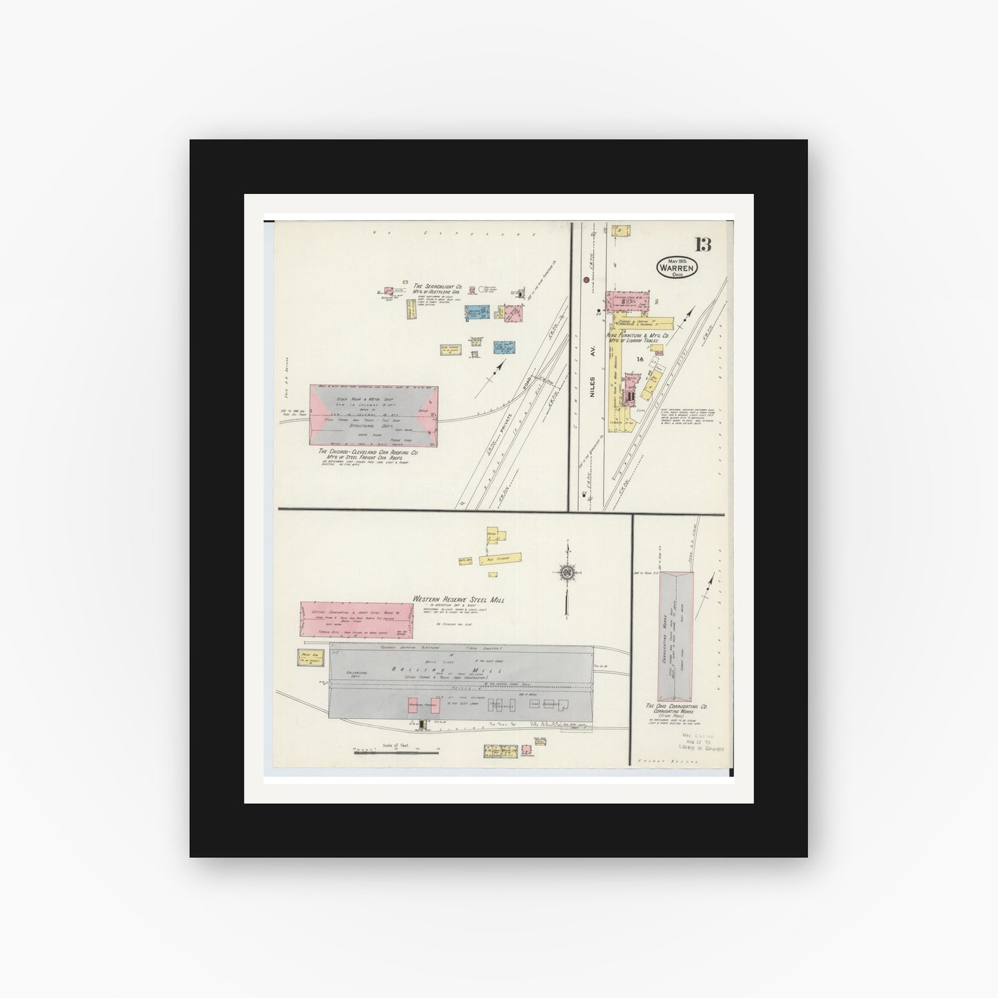 Old map wall art mockup — black gallery frame with white mat — Sanborn Fire Insurance Map from Warren, Trumbull County, Ohio (1915), Sheet #0013