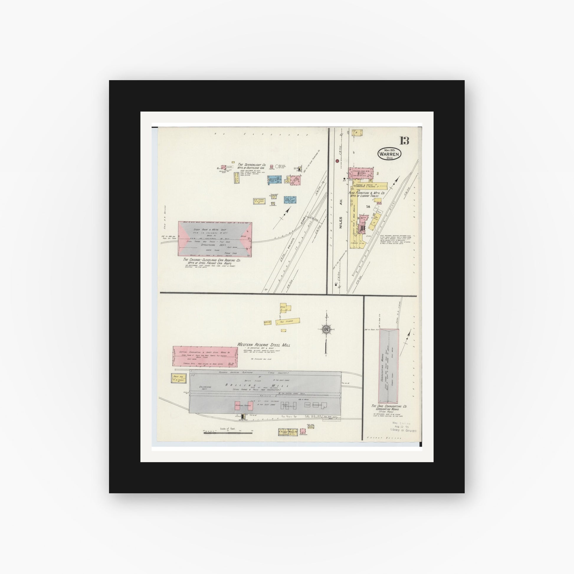 Old map wall art mockup — black gallery frame with white mat — Sanborn Fire Insurance Map from Warren, Trumbull County, Ohio (1915), Sheet #0013