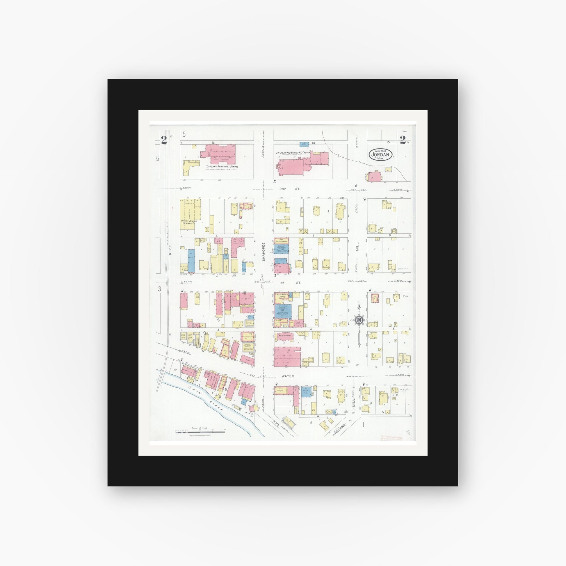 Old map wall art mockup — black gallery frame with white mat — Sanborn Fire Insurance Map from Jordan, Scott County, Minnesota (1928), Sheet #0002