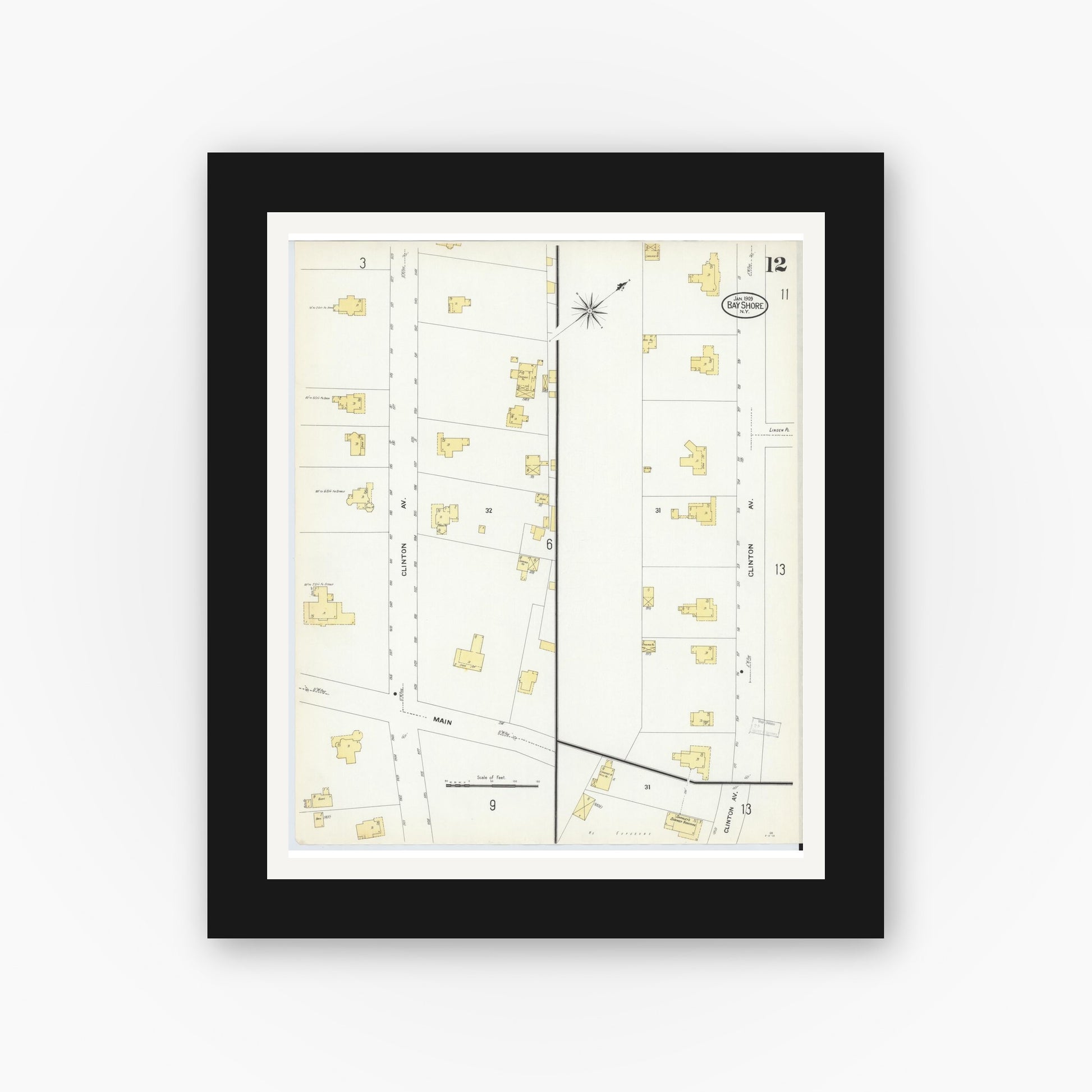 Old map wall art mockup — black gallery frame with white mat — Sanborn Fire Insurance Map from Bay Shore, Suffolk County, New York (1909), Sheet #0012
