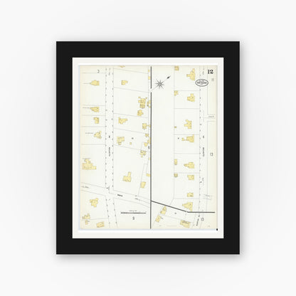 Old map wall art mockup — black gallery frame with white mat — Sanborn Fire Insurance Map from Bay Shore, Suffolk County, New York (1909), Sheet #0012