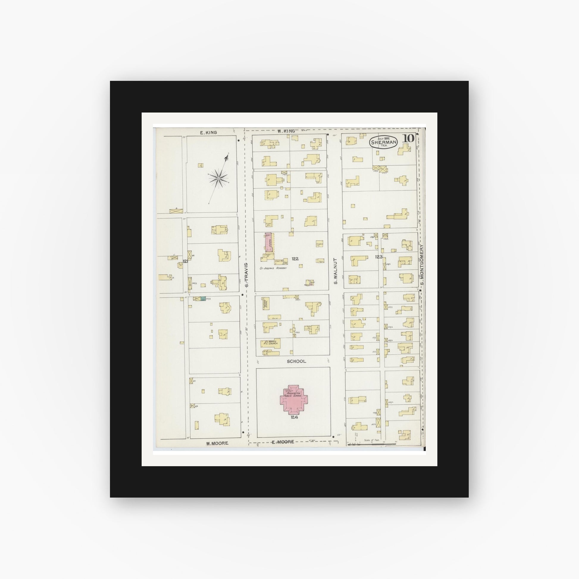Old map wall art mockup — black gallery frame with white mat — Sanborn Fire Insurance Map from Sherman, Grayson County, Texas (1892), Sheet #0010