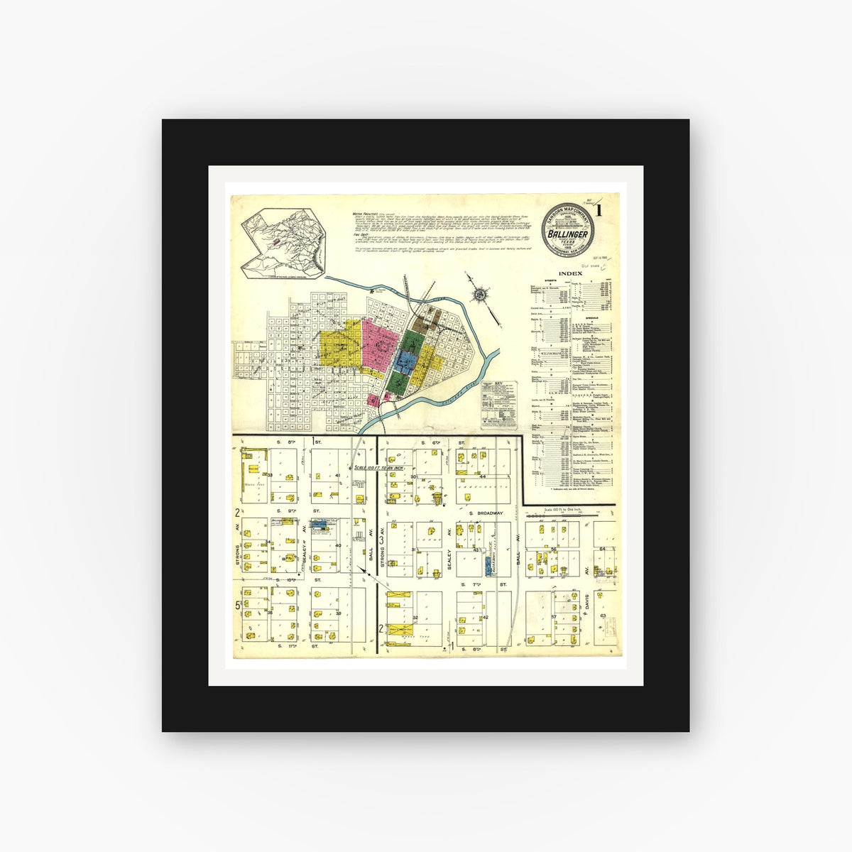 Old map wall art mockup — black gallery frame with white mat — Sanborn Fire Insurance Map from Ballinger, Runnels County, Texas (1915), Sheet #0001