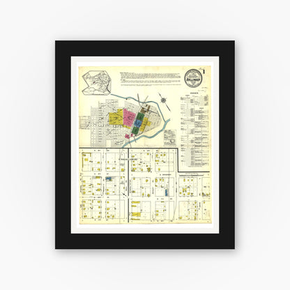 Old map wall art mockup — black gallery frame with white mat — Sanborn Fire Insurance Map from Ballinger, Runnels County, Texas (1915), Sheet #0001