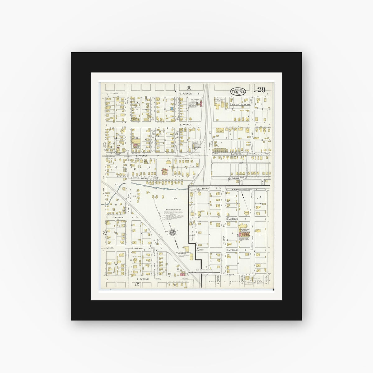 Old map wall art mockup — black gallery frame with white mat — Sanborn Fire Insurance Map from Temple, Bell County, Texas (1915), Sheet #0029