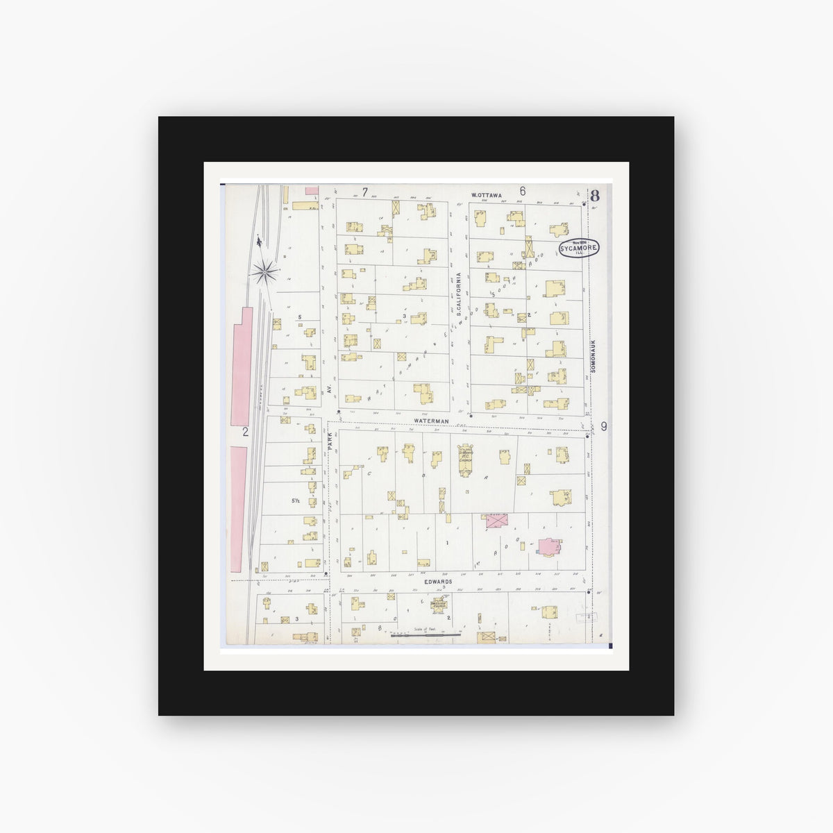 Old map wall art mockup — black gallery frame with white mat — Sanborn Fire Insurance Map from Sycamore, De Kalb County, Illinois (1896), Sheet #0008