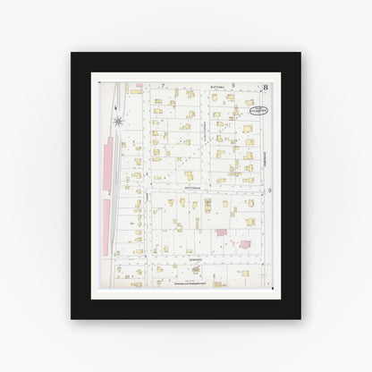 Old map wall art mockup — black gallery frame with white mat — Sanborn Fire Insurance Map from Sycamore, De Kalb County, Illinois (1896), Sheet #0008