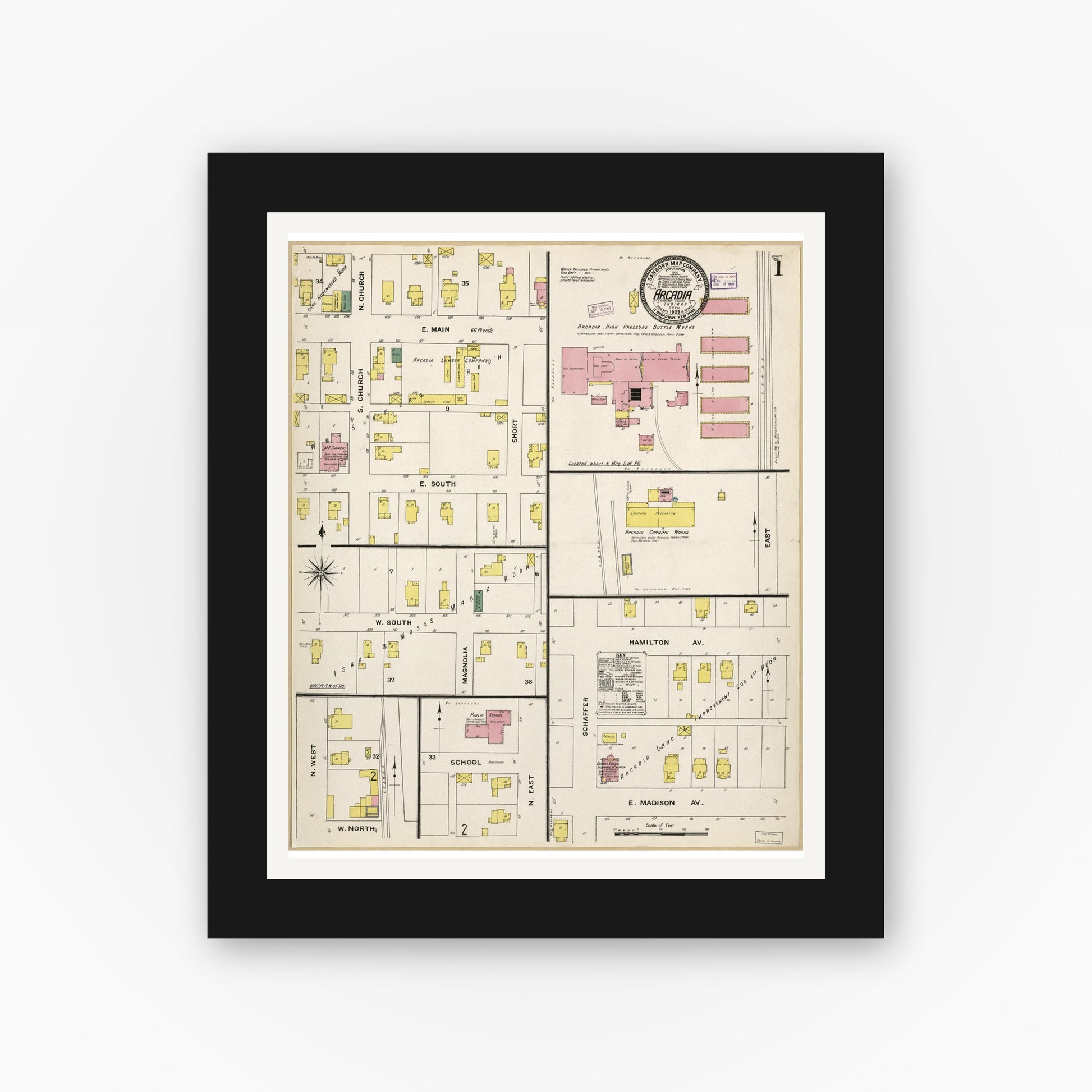 Old map wall art mockup — black gallery frame with white mat — Sanborn Fire Insurance Map from Arcadia, Hamilton County, Indiana (1909), Sheet #0001